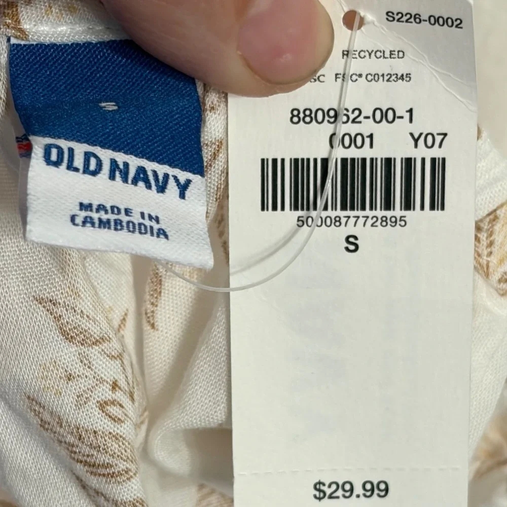 NWT‎ Old Navy Puff Sleeve Blouse Small White Tan Womens Botanical Tie Back